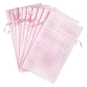 Pouch, organza, light pink and white, 10x6 inches with dots pattern and drawstring closure. Sold per pkg of 12.