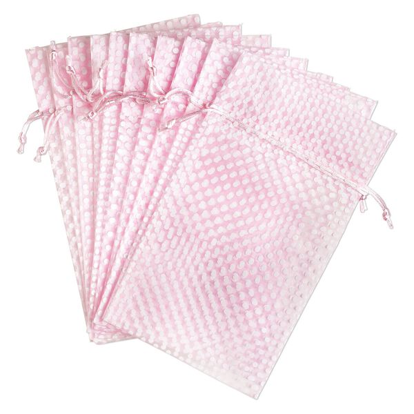 Pouch, organza, light pink and white, 10x6 inches with dots pattern and drawstring closure. Sold per pkg of 12. image number 0