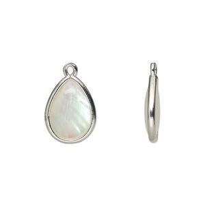 Drop, mother-of-pearl shell and imitation rhodium-finished brass (assembled), 14.5x10.5mm-15.5x11.5mm double-sided teardrop. Sold per pkg of 4.