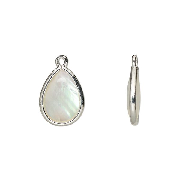 Drop, mother-of-pearl shell and imitation rhodium-finished brass (assembled), 14.5x10.5mm-15.5x11.5mm double-sided teardrop. Sold per pkg of 4. image number 0