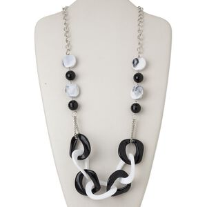 Necklace, acrylic and silver-finished steel, white and black, donut, 33-inch continuous loop. Sold individually.