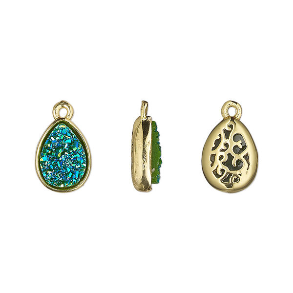Drop, Druzylite™, "druzy" (resin) and gold-finished brass, green, 11.5x8.5mm two-sided teardrop with open filigree back. Sold per pkg of 4. image number 0
