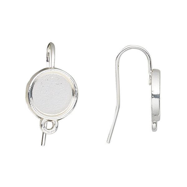 Ear wire fishhook 1pkg10 Almost Instant Jewelry®, 19mm / 10mm round glue-in cab setting / closed loop, 18 gauge silver-finished brass 5 pair image number 0