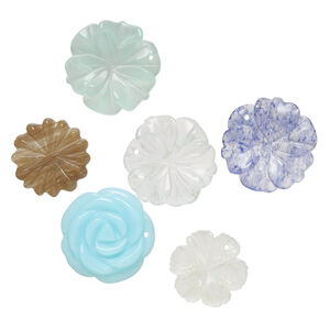 Drop mix 1pkg6, glass, translucent and transparent mixed colors, 23x20mm-31x30mm top-drilled carved flower.