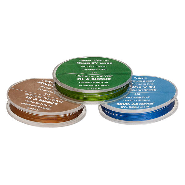Wire, Tigertail™, nylon-coated steel, green / blue / copper, 7-strand, 0.012-inch diameter, includes 30 assorted crimps. Sold per pkg of (3) 8-foot spools. image number 0