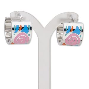 Earring, Avant-Garde Jewelry Collection, enamel and stainless steel, multicolored, 22mm 3/4 round hoop with rose design and latch-back closure. Sold per pair.