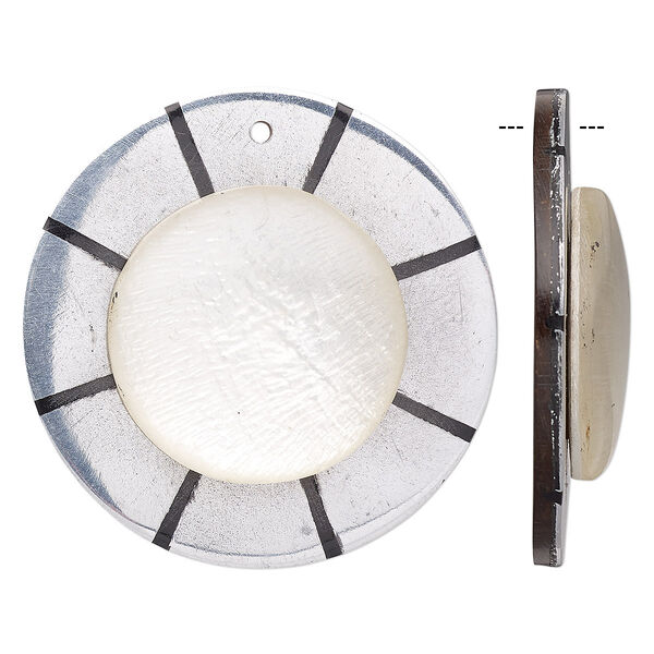 Focal, wood / Capiz shell / resin / aluminum (natural / assembled), clear, 36mm single-sided flat round with lines. Sold individually. image number 0