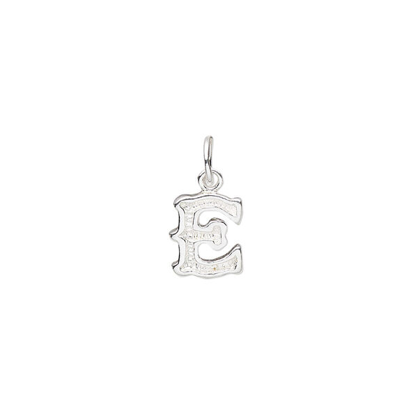 Charm, sterling silver, 9x7mm fancy block alphabet letter "E." Sold individually. image number 0