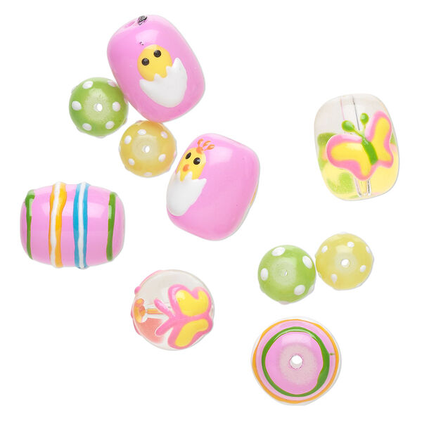 Bead, glass and epoxy, pink and multicolored, 9.5mm round / 14mm round / 18x14mm double-sided barrel with Easter-themed designs. Sold per pkg of 10. image number 0