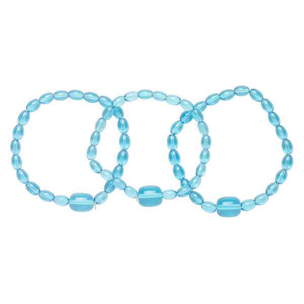 Bracelet, stretch, glass, aqua blue, 7-8 inches wearable length. Sold per pkg of 3. image number 0