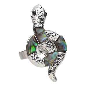 Ring 1pkg1 brass / paua shell / glass rhinestone, 40x22mm snake, natural silver finish black