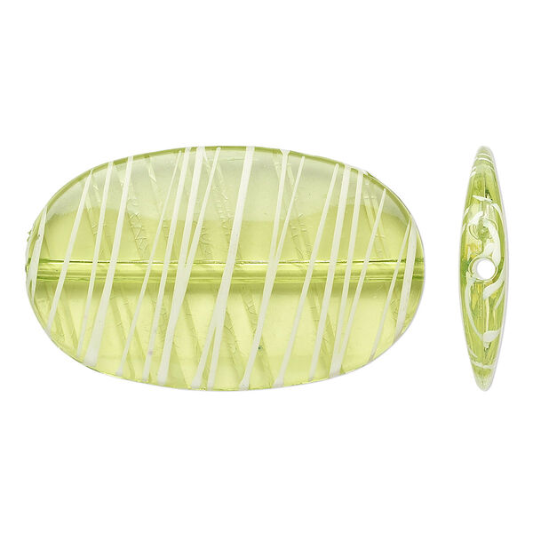 Bead, acrylic, semitransparent green and white, 45x27mm flat oval with painted line design. Sold per pkg of 20. image number 0