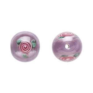 Bead, Czech lampworked glass, opaque purple / pink / green, 12-13mm round with flower design. Sold per pkg of 4.