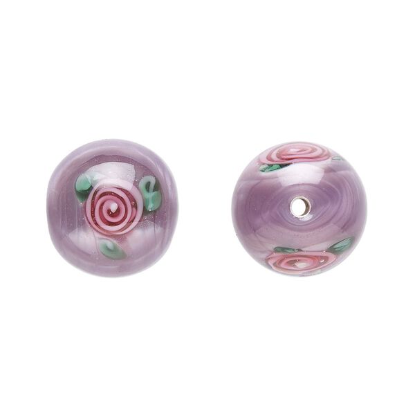 Bead, Czech lampworked glass, opaque purple / pink / green, 12-13mm round with flower design. Sold per pkg of 4. image number 0