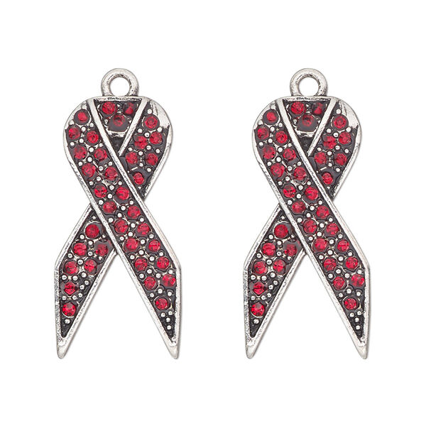 Charm, antique silver-finished "pewter" (zinc-based alloy) and glass, red, 27x13mm single-sided awareness ribbon. Sold per pkg of 2. image number 0