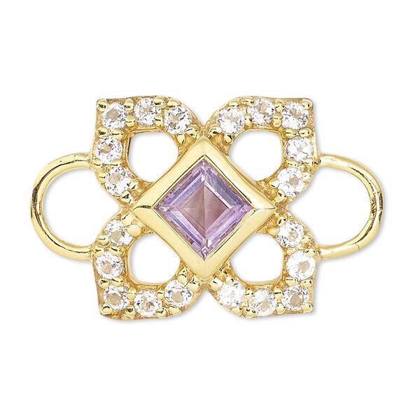 Link, white topaz / amethyst (natural) / gold-finished sterling silver, 12x12mm single-sided open flower. Sold individually. image number 0