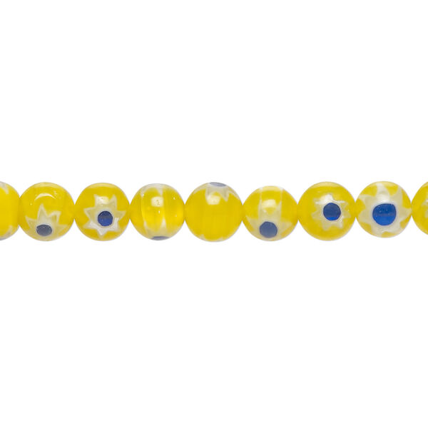 Bead, millefiori glass 1pkg1, translucent yellow / white / cobalt blue, 6mm round, 15 inches. image number 0