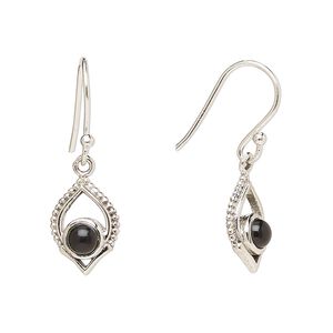 Earring, Create Compliments®, antiqued sterling silver and black onyx (dyed), fishhook, 28mm with 13.5x9mm single-sided marquise, 21 gauge. Sold per pair.
