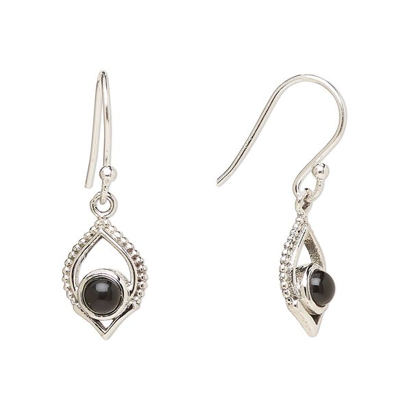 Earring, Create Compliments®, antiqued sterling silver and black onyx (dyed), fishhook, 28mm with 13.5x9mm single-sided marquise, 21 gauge. Sold per pair. image number 0