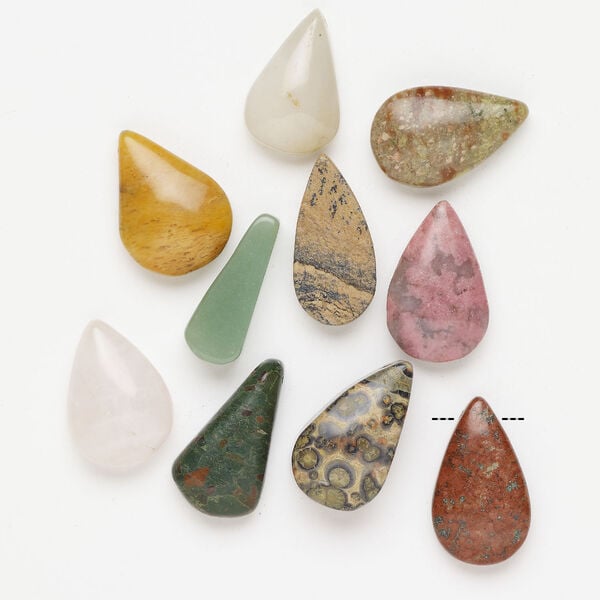 Multi-gemstone 1pkg10, top-drilled puffed / flat teardrop, drop mix 22x14mm-31x21mm image number 1
