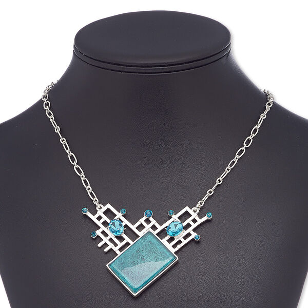 Necklace, glass rhinestone / glass / resin / silver-plated steel / "pewter" (zinc-based alloy), blue and teal, 2-3/4 x 2-1/4 inches with diamond, 18 inches with 2-inch extender chain and lobster claw clasp. Sold individually. image number 0
