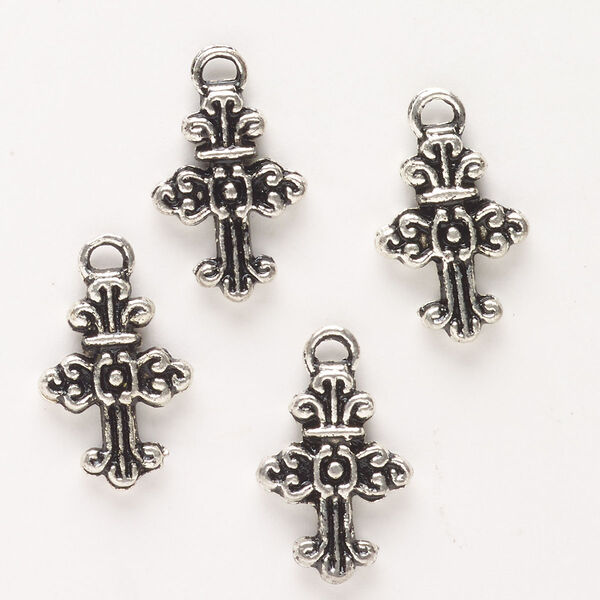 Drop, antique silver-finished "pewter" (zinc-based alloy), 20x15mm double-sided fancy cross. Sold per pkg of 4. image number 0