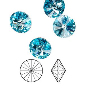 Chaton 4pk aquamarine foil back, Crystal Passions® 12mm rivoli 1122