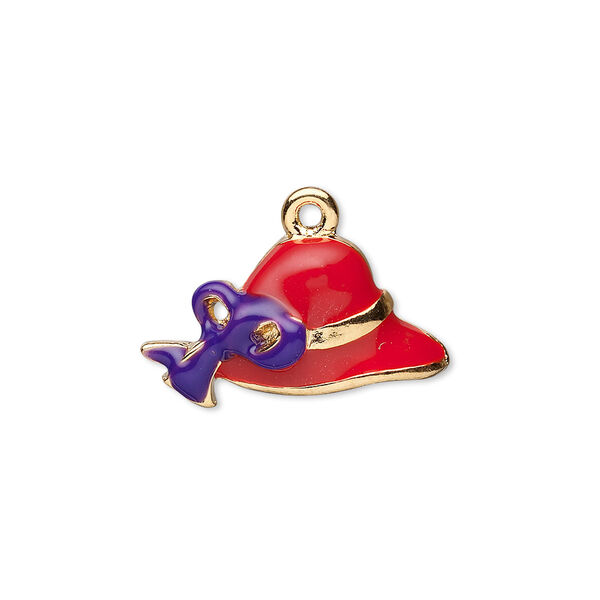 Charm, enamel and antique gold-plated pewter (tin-based alloy), red and purple, 22x12mm red hat with ribbon. Sold individually. image number 0