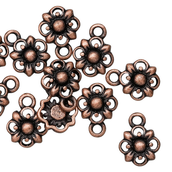 Charm, antique copper-finished "pewter" (zinc-based alloy), 10.5x10.5mm flower. Sold per pkg of 10. image number 0