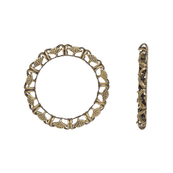 Component, antique brass-plated brass, 23.5mm open round with beaded and wrapped design, 16.5mm hole. Sold per pkg of 10. image number 0