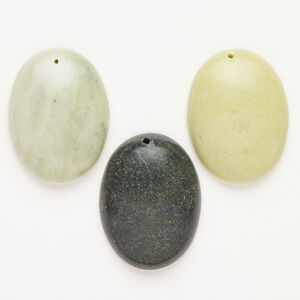 New "jade" / olive new "jade" / russian serpentine / serpentine 1pkg3, top-drilled oval flatback focal natural 40x29mm-40x30mm