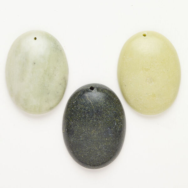 New "jade" / olive new "jade" / russian serpentine / serpentine 1pkg3, top-drilled oval flatback focal natural 40x29mm-40x30mm image number 0