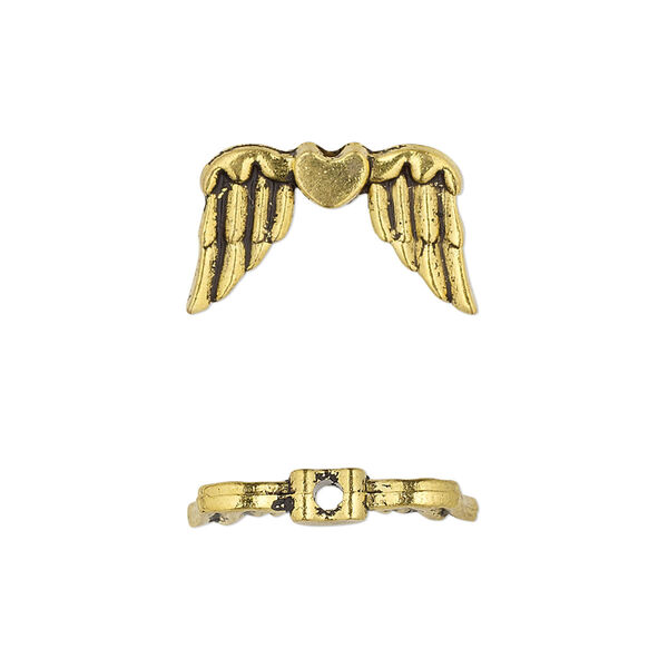 Bead, antique gold-finished "pewter" (zinc-based alloy), 19x11mm double-sided wing with heart. Sold per pkg of 10. image number 0