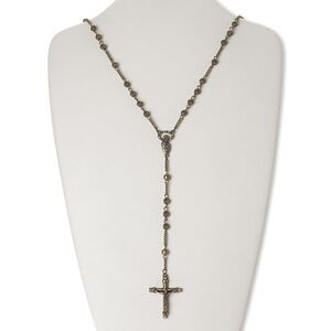 Chaplet, glass rhinestone / antique brass-finished "pewter" (zinc-based alloy) / brass / steel, clear, 38x29mm crucifix, 30 inches with 2-1/2 inch extender chain and lobster claw clasp. Sold individually.
