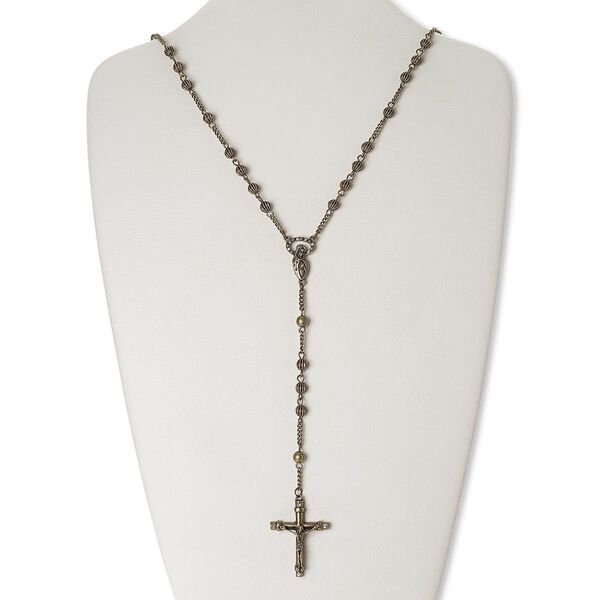 Chaplet, glass rhinestone / antique brass-finished "pewter" (zinc-based alloy) / brass / steel, clear, 38x29mm crucifix, 30 inches with 2-1/2 inch extender chain and lobster claw clasp. Sold individually. image number 0