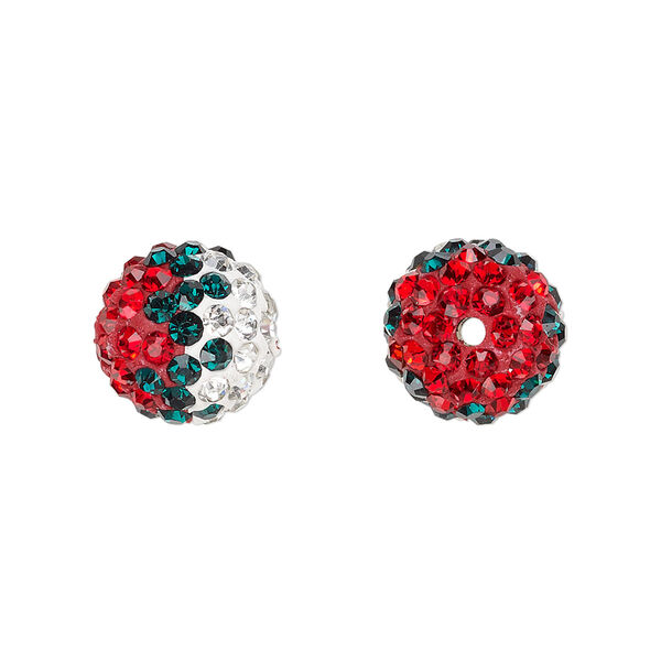 Bead, Egyptian glass rhinestone / epoxy / resin, red / green / white, 12mm round with pavé wave design. Sold individually. image number 0