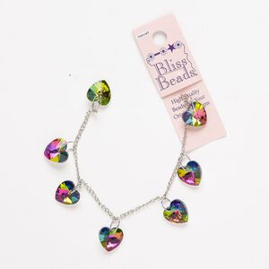 Glass / steel 1pkg7, top-drilled faceted heart drop / open jump ring / curb chain assortment clear vitrail medium / silver finish 14mm / 9.5mm / 2mm