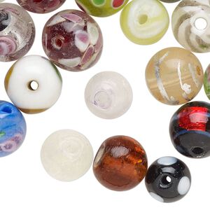 Bead mix, lampworked glass, opaque and translucent multicolored with silver-colored foil and copper-colored glitter, 5-12mm round. Sold per 4-ounce pkg, approximately 60 beads.