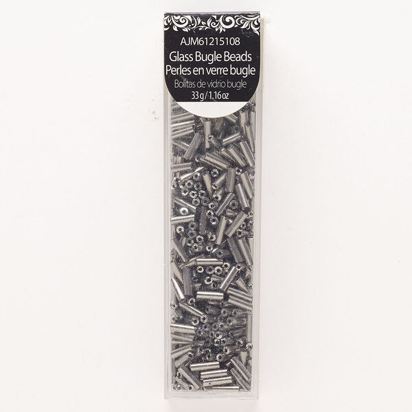 Bead, bugle bead, glass, pkg/33g, 7x2mm round tube, opaque gunmetal. image number 0