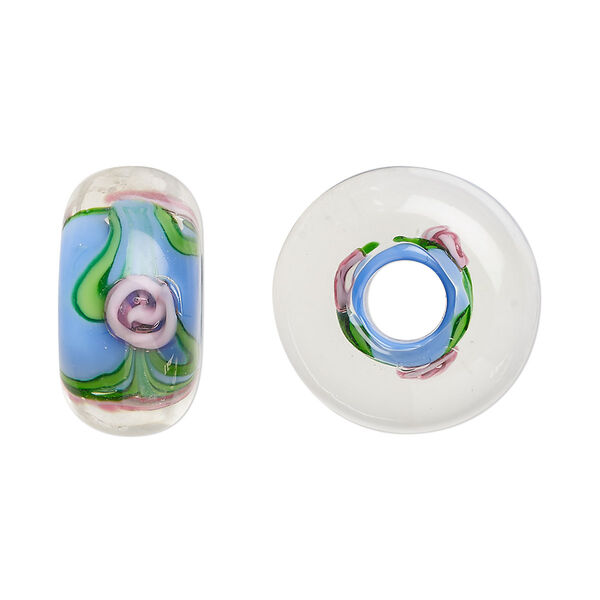 Bead, lampworked glass, opaque medium blue and multicolored, 20x10mm rondelle with rose. Sold per pkg of 2. image number 0