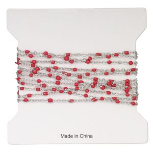 Chain, stainless steel and enamel, red,1.7mm flat cable with 2mm ball. Sold per pkg of 5 feet.