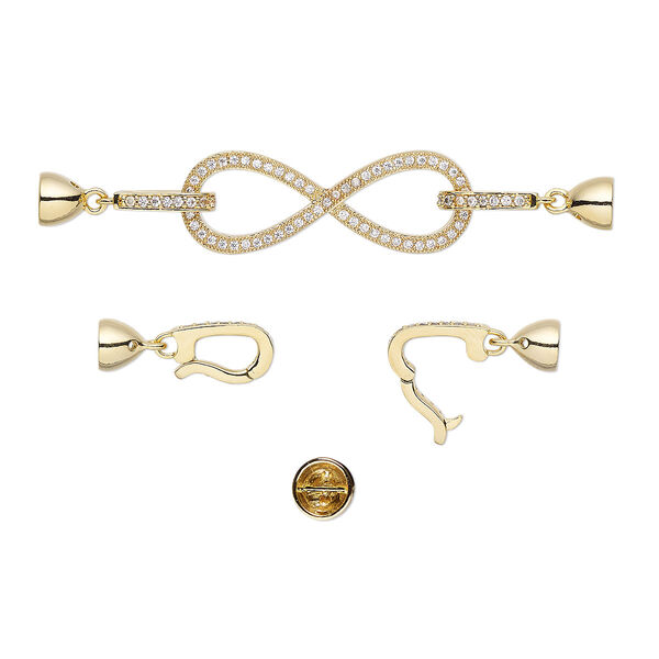Clasp, double latch fold-over, cubic zirconia and gold-plated brass, clear, 2-3/4 x 1/2 inch infinity with 5mm inside diameter. Sold individually. image number 0