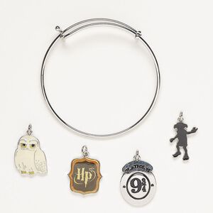 Bracelet and charm assortment, antique silver-finished brass / glass / enamel, clear / brown / black, Harry Potter theme, 7-1/2 inches. Sold per 5-piece set.
