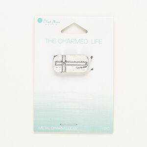 Slide, glass and silver-finished "pewter" (zinc-based alloy), 26x13mm single-sided rounded rectangle with cross. Sold individually.