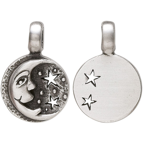 Pendant, "pewter" (zinc-based alloy), 35x24mm round with moon and stars. Sold individually. image number 0