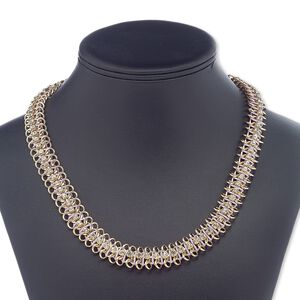 Necklace, glass rhinestone / nylon / gold-finished brass / steel / "pewter" (zinc-based alloy), lavender and clear, 15mm wide, 16-1/2 inches with 4-1/2 inch extender chain and lobster claw clasp. Sold individually.