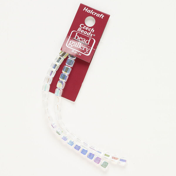 Bead, glass, translucent clear AB, 6mm 2-strand flat square, fits up to 3.5mm beads. Sold per pkg of 37. image number 0