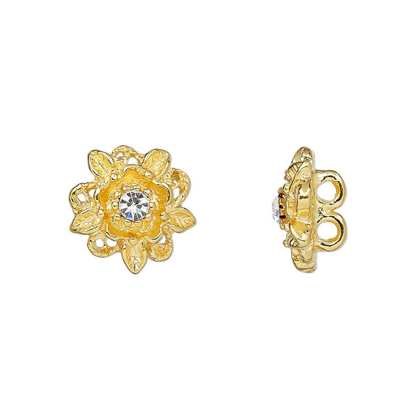 Spacer, glass rhinestone and gold-plated "pewter" (zinc-based alloy), clear, 13x13mm 2-strand flower, fits up to 3mm bead. Sold per pkg of 4. image number 0