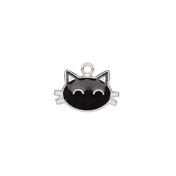 Charm, enamel and sterling silver, black and white, 14x9mm single-sided cat face. Sold individually. image number 0
