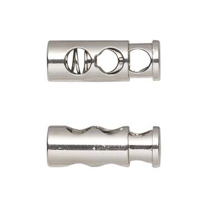 Cord lock, imitation rhodium-plated plated "pewter" (zinc-based alloy) and steel, 24x9mm round tube with (2) holes. Sold per pkg of 6.